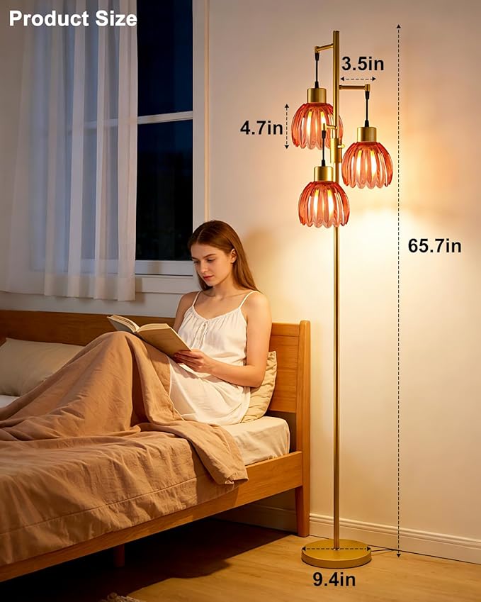 Lightdot 65'' Glass Floor Lamp Dimmable Gold with Deep Red Lotus Glass Shade & 3000K Bulbs Included 3-Lights Modern Tall Standing Lamp for Living Room/Bedroom/Sofa Beside/Corner Decor