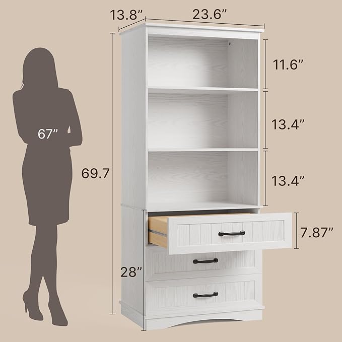 Gizoon 70'' Tall Bookcase with 3 Drawers Wooden Bookshelf with Storage Cabinet Multifunctional Book Storage Organizer for Office Living Room and Bedroom，White