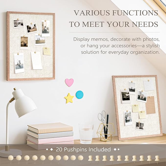 DOLLAR BOSS Felt Framed Bulletin Board 16'' x12'' 2 PCS Small Cork Boards for Walls Cute Lightweight Aesthetic Corkboard for Office Home Decor College Dorm Room Photo Display with 10 Pins, Beige