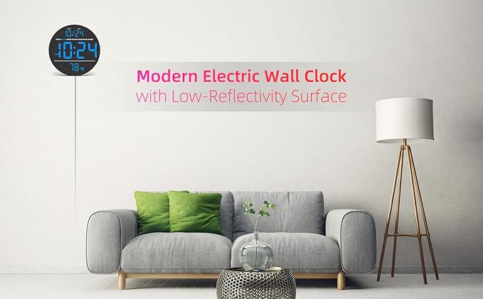 Digital Wall Clock with Large LED Display, Date, Temperature, Auto-Brightness | Small [PLUG-IN] Clock | Modern Electric Wall Clock for Bedroom, Classroom, Living Room, Home, Office, Farmhouse - Blue