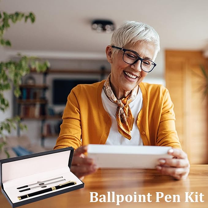 Deluxe Ballpoint Pen Kit,Office Business Signing Ballpoint Pen with Two Replacement Black Refills, 0.5mm Nib, Black Classic Gift Box, Creative Writing Gift for Men and Women (Gold B)