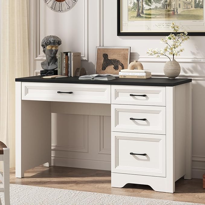 Vabches Farmhouse Executive Desk with Drawers, Home Office Desk with File Drawer, Wood Computer Desk with Ample Storage, Rustic Office Desk with Spacious Tabletop for Work, Black