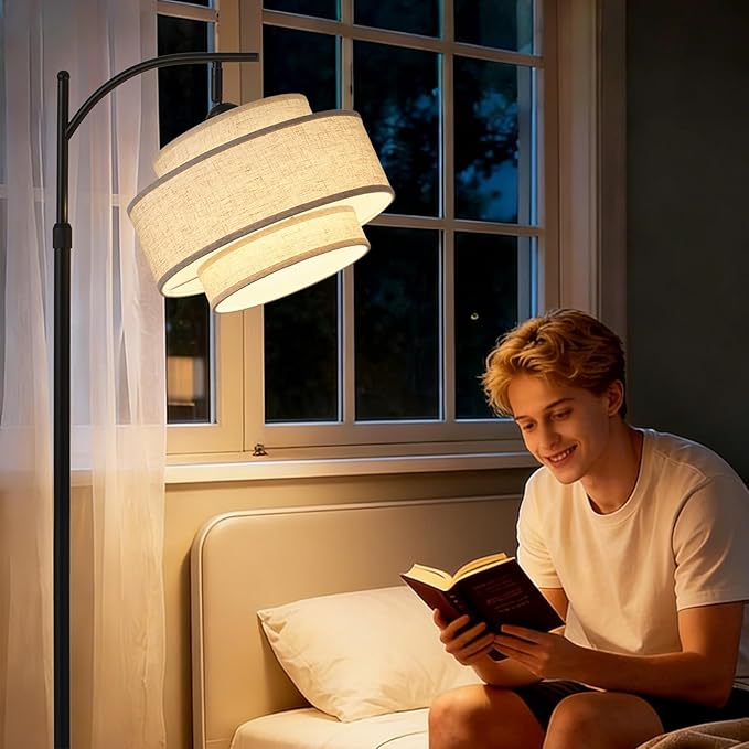 Arc Fabric Tall Floor Lamp with 3-Color Temperatures Remote & Dimmable 9W Bulb, Dimmable Floor Lamp with Remote Control, Standing Lamp with Fabric Shade for Living Room Bedroom Stair(3-Tier)