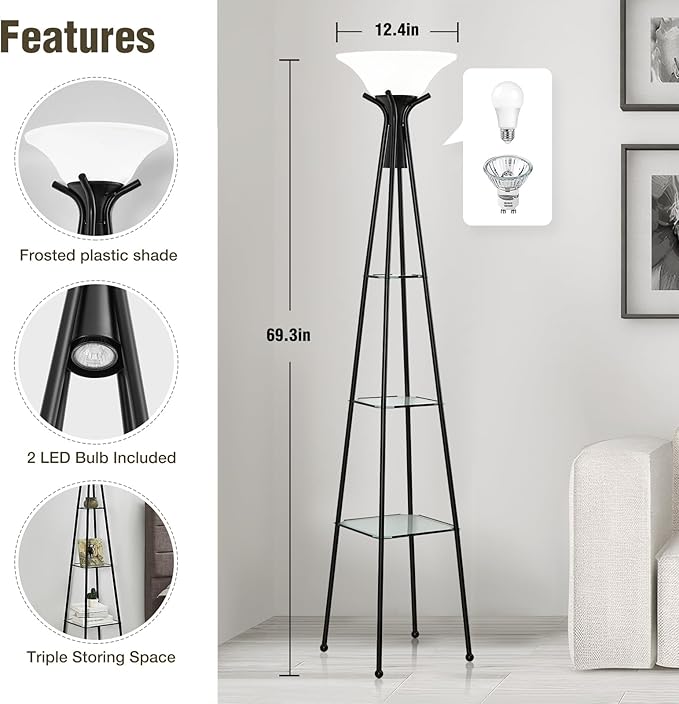 Floor Lamp with Shelves, 69” Tall Shelf Lamp with Remote Control, 3-Tier Glass Shelf Lamp, Dimmable Torchiere Floor Lamps for Living Room, Bedroom, Office, Adjustable Color Temperatures Bulbs Included