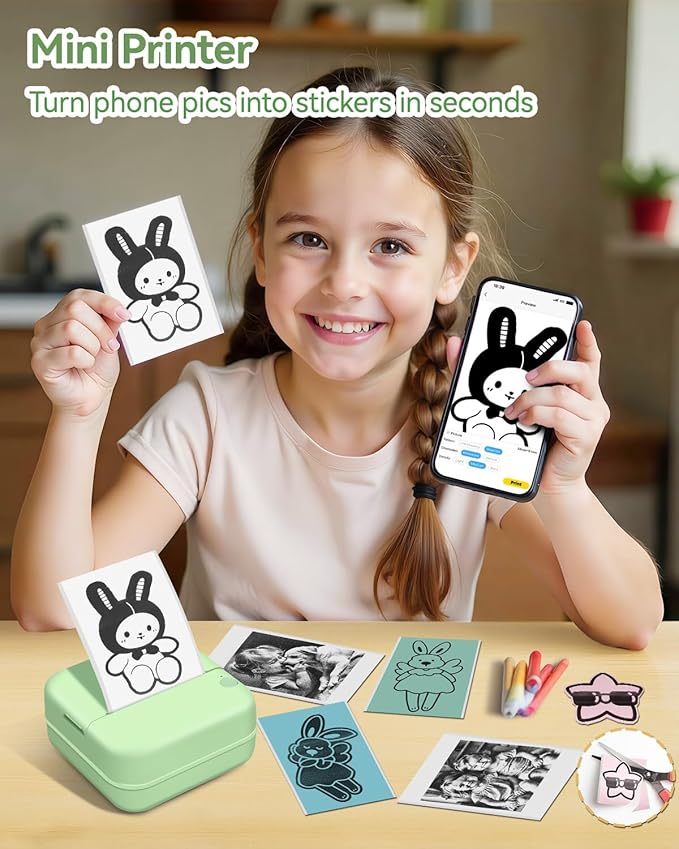 Aptika Mini Printer - Portable Sticker Maker with 14 Rolls Self-Adhesive Thermal Papers, Inkless Label Maker Machine for Study Anatomy Graphics Photos Address, Green