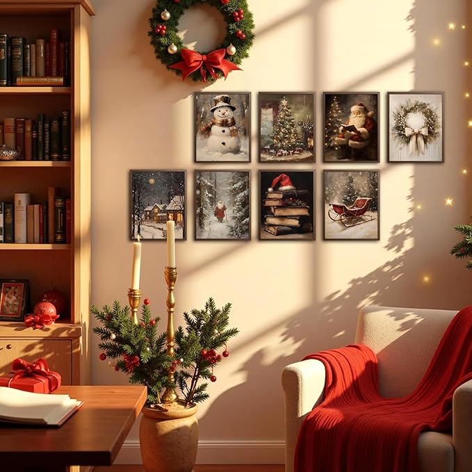 Vintage Christmas Canvas Wall Art Poster Set of 8, Santa Christmas Tree Snowman Pictures Wall Decor, Winter Holiday Paintings Prints Aesthetic Home Decor for Living Room Bedroom 8x10 inch Unframed