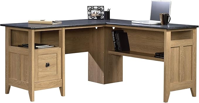 Sauder August Hill L-Shaped Corner Desk with Storage Drawer and Open Shelf for Home Office, in Dover Oak finish