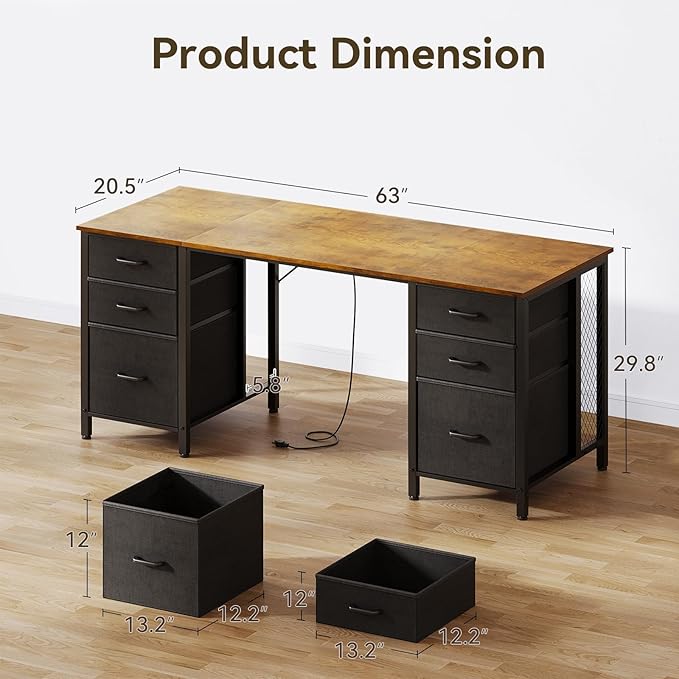 ODK 63 Inch Office Desk with 6 Fabric Drawers, Large Computer Desk for Home Office with Hidden Storage Shelves, Rustic Brown