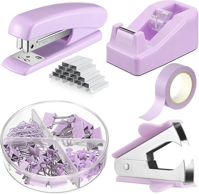 Office Supplies Set Desk Accessory Kit Include Stapler, Staples, Staple Remover, Tape Dispenser, 22 Binder Clips, 30 Paper Clips, 20 Push Pins, 2 Rolls Tape, for Women Christmas Gift (Purple)