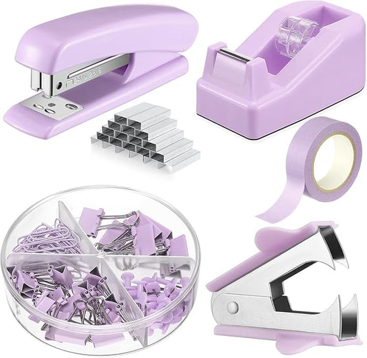 Office Supplies Set Desk Accessory Kit Include Stapler, Staples, Staple Remover, Tape Dispenser, 22 Binder Clips, 30 Paper Clips, 20 Push Pins, 2 Rolls Tape, for Women Christmas Gift (Purple)