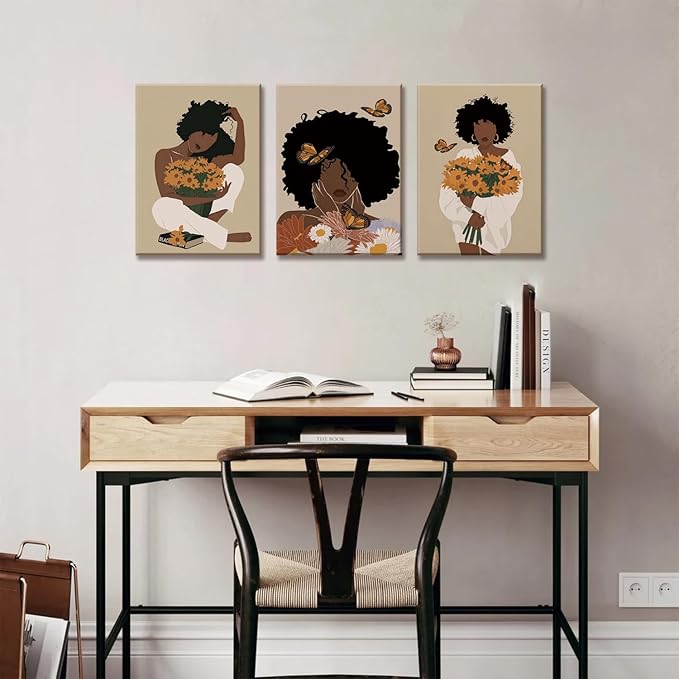 TUEASKY 3 Piece Canvas Wall Art African American Wall Decor Black Woman Pictures Sunflower Butterfly Paintings Abstract Prints Boho Artwork for Bedroom Bathroom