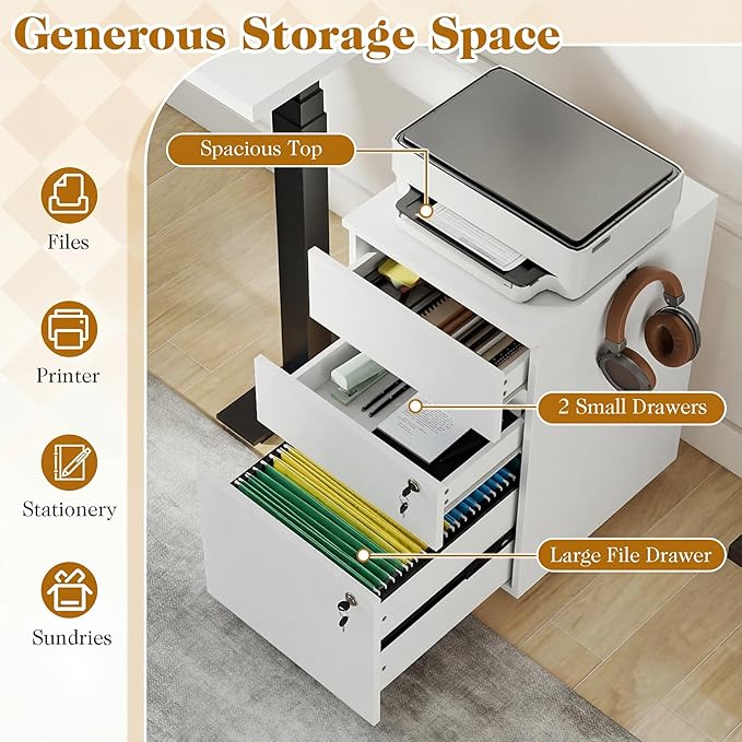 LOKO Mobile File Cabinet with 3 Drawers, Wooden Rolling Filing Cabinet with Lock, Under Desk File Organizer for A4/Letter/Legal Size, for Home Office, Study (White)