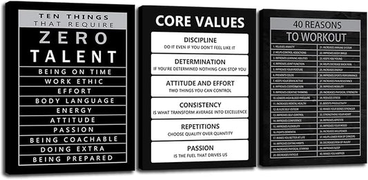 Inspirational Core Values Wall Art Ten Things That Require Zero Talent Poster 3 Pieces Canvas Office Decor Inspiring Framed Prints Motivational Quotes for Wall Art Decor Ready to Hang[36''Wx 16''H]