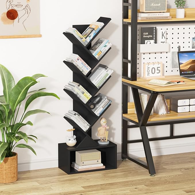 9 Tier Tree Bookshelf,Christmas Green Bookcase for Narrow Space, Storage Organizer Floor Standing Bookshelves for Books, Tall Book Case for Home Office, Living Room, Bedroom