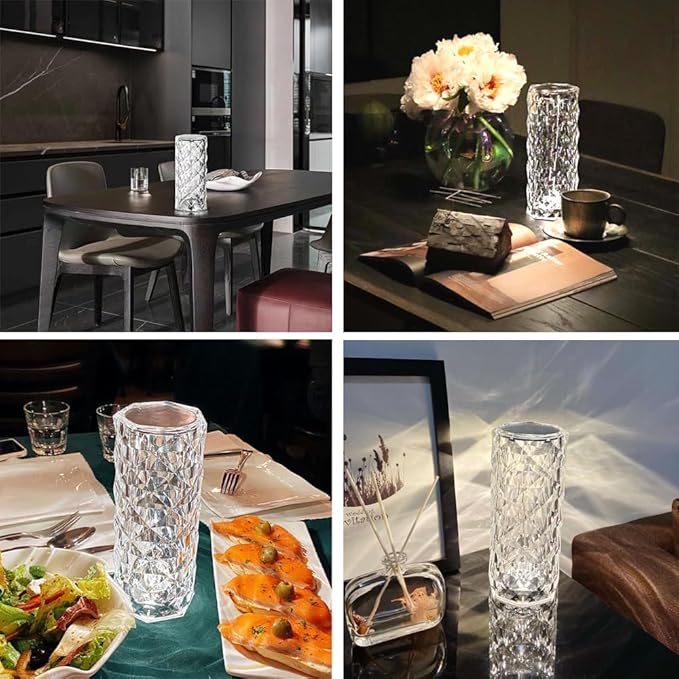 Portable Crystal Table Lamp,3 Color Touch Control Rechargeable Lamp,Crystal Bedside Lamp,Night Light,Room Decor Desk Lamp,Bedroom,Living Room,Kitchen,Dining Room Lamp (3-Color Rose)