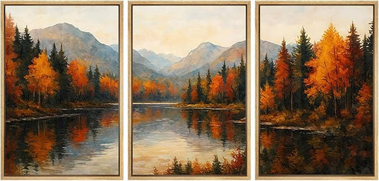 SIGNFORD Framed Wall Art Print Set Autumn Mountain Lake Vibrant Fall Forest Landscape Digital Art Modern Art Contemporary for Living Room, Bedroom, Office - 24"x36"x3 Natural