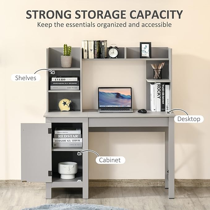 HOMCOM Farmhouse Computer Desk with Hutch and Cabinet, Home Office Desk with Storage, for Study, Light Grey