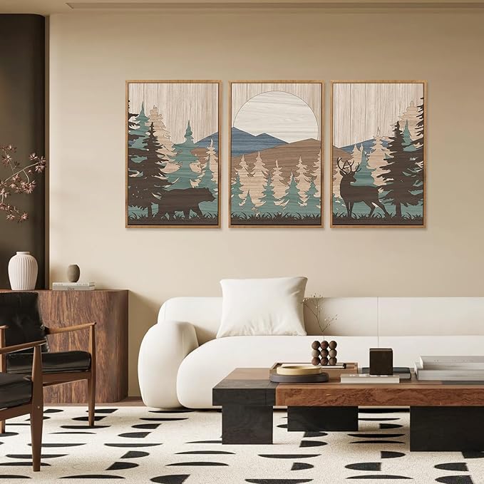 CHDITB Watercolor Woodland Bear Deer Wild Animals Framed Wall Art(Set of 3, 16”x24”), Retro Forest Mountain Sun Artwork Painting, Adventure Themed Nature Landscape Posters Print for Nursery Baby Boy