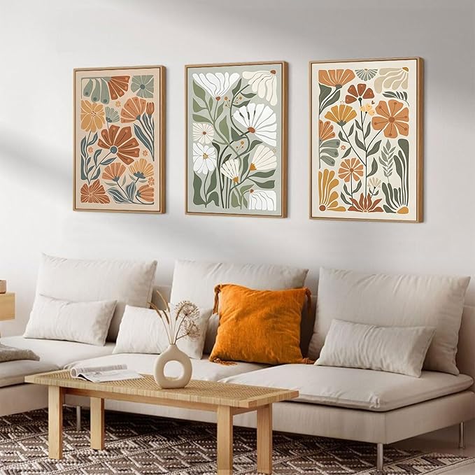 KISSFOX Framed Canvas Wall Art Abstract Floral Botanical Print Set of 3 Green Beige Wildflower Flower Market Paintings Boho Modern Minimalist Pictures Decor Bedroom Bathroom Living Room