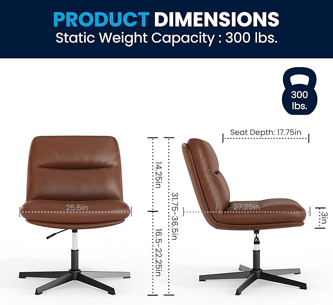 Flash Furniture Chloe Commercial Mid-Back Swivel Office Chair, Wide Design, Padded LeatherSoft, Adjustable Height, Ergonomic Mid-Rise Back, Armless, Cognac/Black