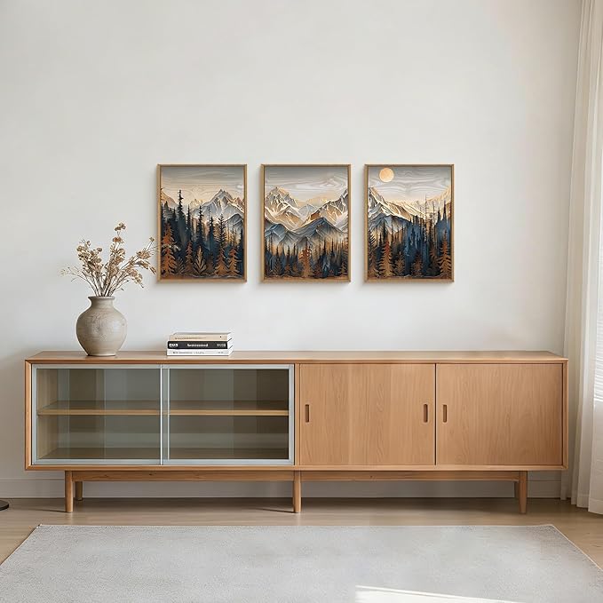 Wood Mountain Framed Canvas Wall Art Set, Pine Trees Wall Painting, Ridge Scenery Wall Decor, Natural Sun Landscape Art Print for Living Room, Bedroom, Dining Room, Office - 12"x16"x3