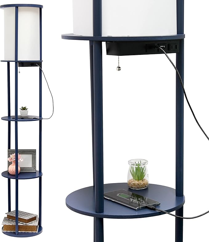 Simple Designs LF2010-NAV 62.5" Round Modern Shelf Etagere Organizer Storage Floor Lamp with 2 USB Charging Ports, 1 Charging Outlet and Linen Shade for Living Room Bedroom Office, Navy