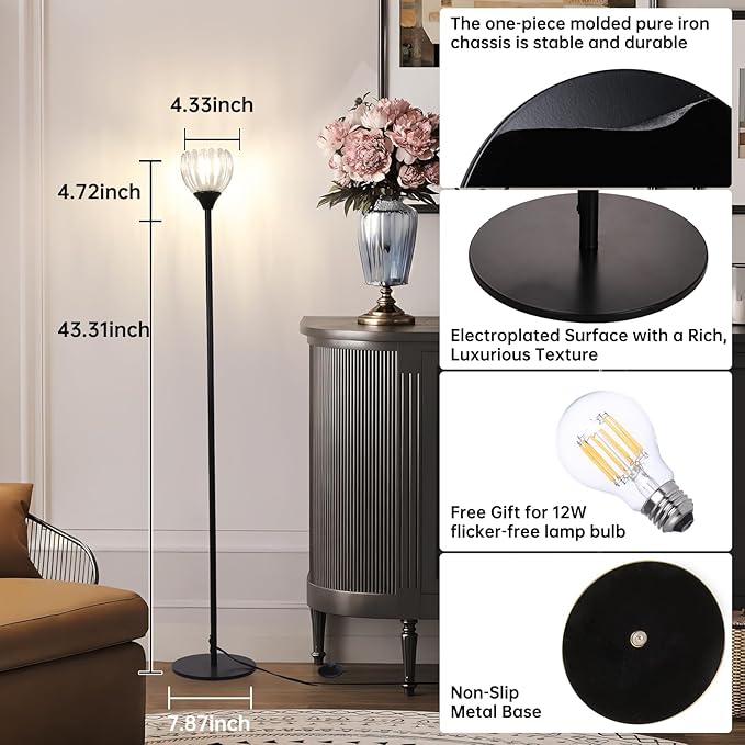 Floor Lamps for Living Room, Bedroom, Black Standing Lamp with 12W Bulb, Vintage Floor Lamp for Reading, Nursery, Corner (Clear Tulip)