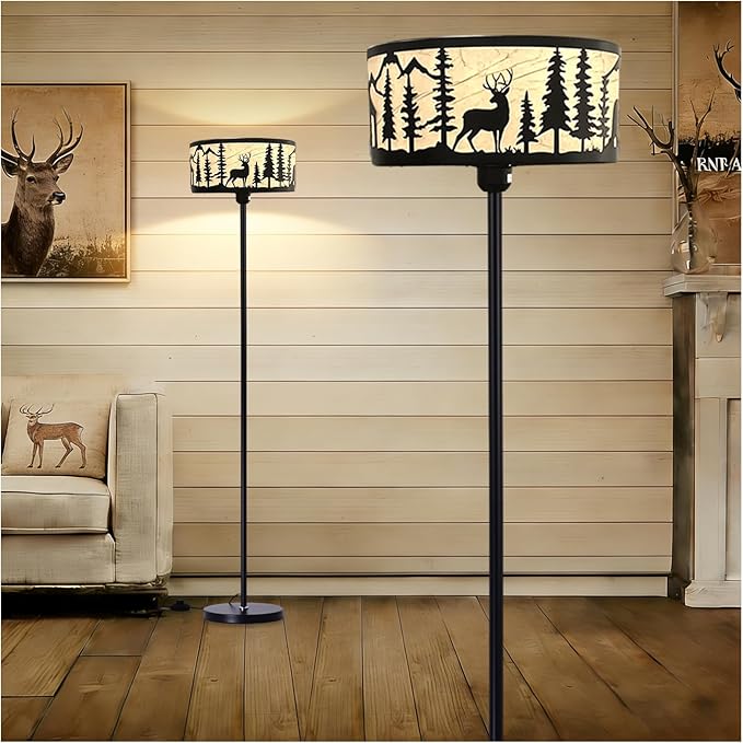 Mid Century Modern Floor Lamp,Unique Deer Bear Black Farmhouse Drum Gothic Floor Lamp with White Parchment,57.67" Tall Metal Rustic Standing Light for Living Room,Bedroom,Home,Office,Corner