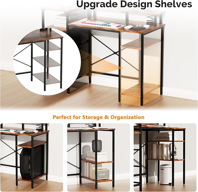 VINGLI 47 Inch L-Shaped Computer Desk, Small Computer Gaming Desk with Fabric Drawers & Storage Shelves, Charging Station, Monitor Stand for Home, Office, Brown