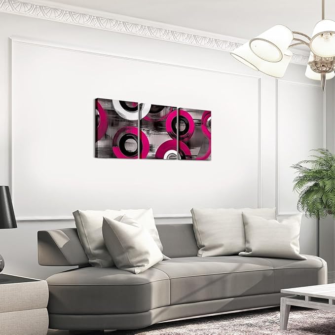 jejeloiu 12"x16"x3pcs Hot Pink Geometric Office Decorations Artwork Posters Boys Girls 3 Piece Canvas Wall Art for Living Room Bedroom Abstract Art Picture Wall Decor
