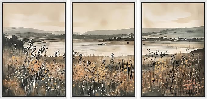 SIGNWIN Framed Canvas Print Wall Art Set Lakeside Meadow Rustic Countryside Watercolor Illustrations Modern Art Decorative for Living Room, Bedroom, Office - 24"x36"x3 White