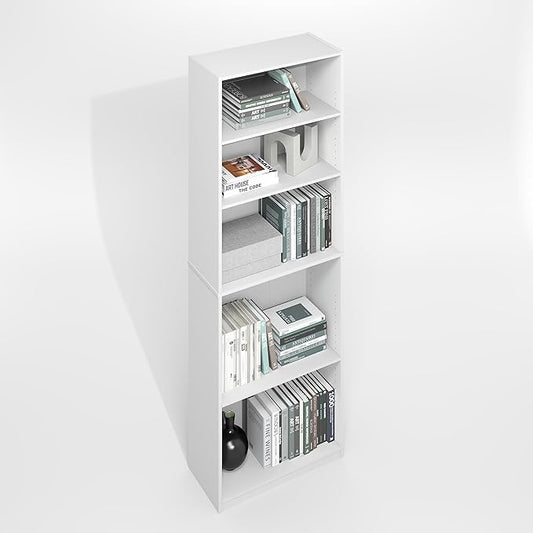 Furinno Jaya Simply Book Shelf, 5-Tier Bookshelf, Bookcase with Adjustable Shelves, 9.5 x 24.5 x 71.2, for Living Room, Bedroom, Home Office, Plain White