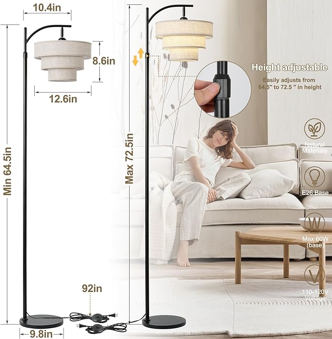 Dimmable Floor Lamp with Remote Control,Arc Fabric Tall Floor Lamp with 3-Color Temperatures Remote & Dimmable 9W Bulb,Standing Lamp with Fabric Shade for Living Room Bedroom Dining Room Hotel