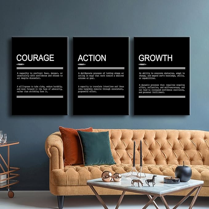YSPCSUN Courage Action Growth Inspirational Canvas Wall Art 3 Pieces Entrepreneur Quote Picture Painting Motivational Print Poster for Office Living Room Gym Wall Decor Ready to Hang [60''Wx28''H]