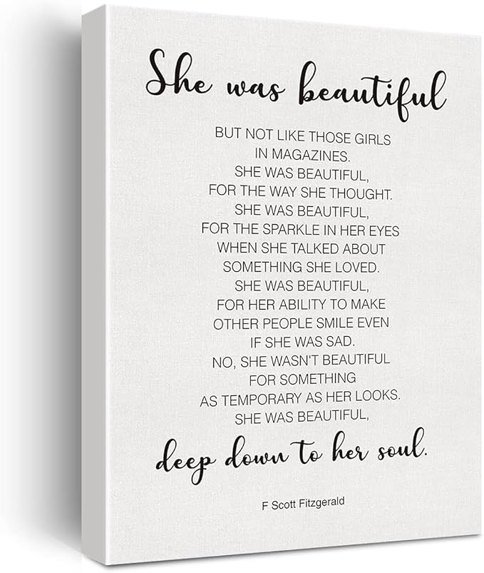 Inspirational Wall Decor She Was Beautiful F. Scott Fitzgerald Quote Canvas Painting Prints for Home Dining Room Living Room Wall Decor Framed Artwork Gifts(12x15 Inch)