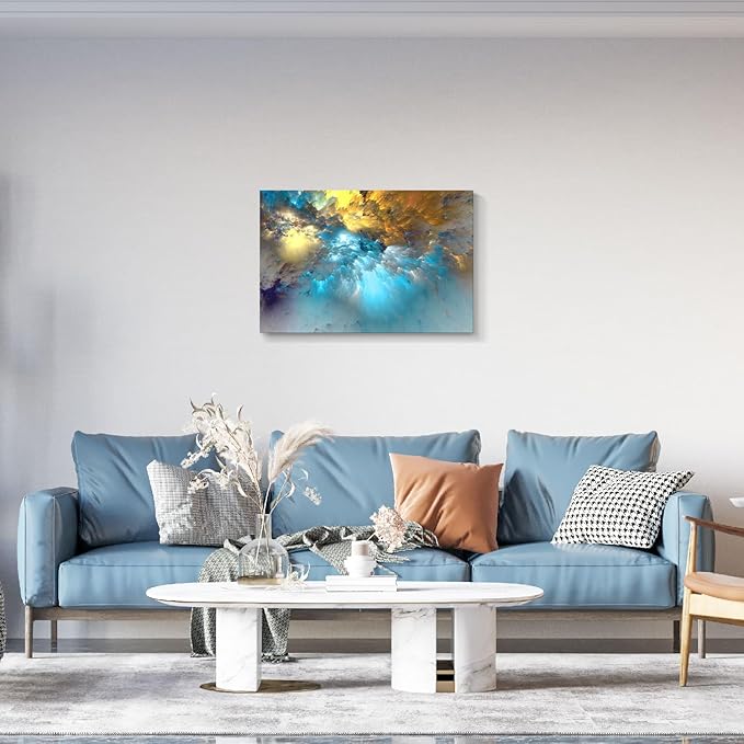 Golden Canvas Wall Art Blue Modern Abstract Painting Prints Colorful Smoke Billowing on White Background Framed Energetic Artwork Pictures for Living Room Bedroom Hallway Wall Decoration 36x24in