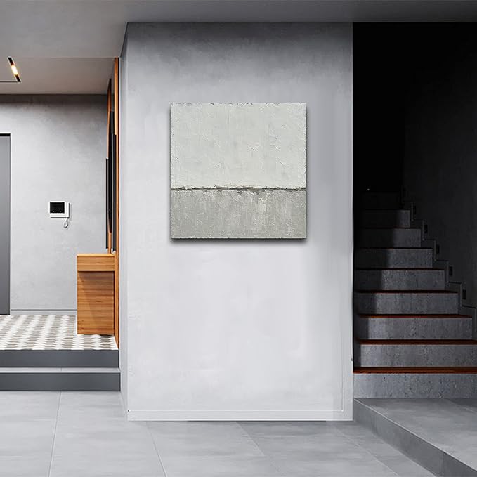 NANKAI Art Hand-Painted Abstract Canvas Wall Art Featuring a Minimalist Design in Gray White Acrylic Painting Original Modern Home Decoration Art Can be Hung Directly on The Wall. 24x24 inches