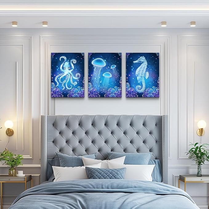 blue Ocean Life Theme Canvas Prints Wall Art Paintings for Living Room Wall Artworks Sea Animal sea horse Octopus jellyfish Pictures Bedroom Decorations 3 Panels Home bathroom Wall decor posters