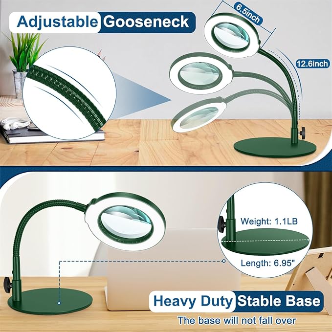 10X Magnifying Glass with Light, Real Glass Lens, 5 Color Modes Dimmable, Flexible Gooseneck Lighted Magnifier with Stand, LED Desk Lamp Hands Free for Crafts Painting Reading Close Work, Green