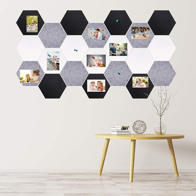 21 Pieces Pin Board Hexagon Felt Board Tiles Bulletin Board Memo Board Notice Board with 40 Pieces Push Pins for Home Office Classroom Wall Decor 5.9 x 7 Inches/ 15 x 17.7 cm (Black, White, Grey)