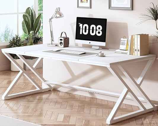 HSH White 70.8" Computer Desk, Modern Large Long Wood Metal Office Desk, Farmhouse Pc Study Work Writing Desk for Two Person, Rustic Double Workstation Executive Desk for Home Bedroom Living Room
