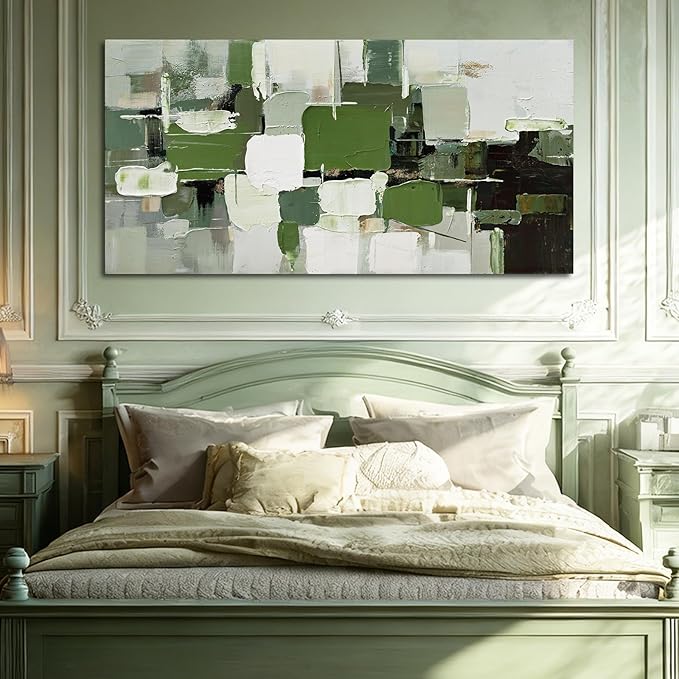 ZUNARE Abstract Geometric Wall Art Green White Black and Gray Canvas Painting, Layered Color Block Modern Artwork for Living Room Bedroom Kitchen Office Wall Decor 24"x48"