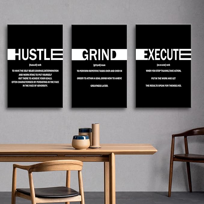 Motivational Canvas Wall Art Hustle Grind Execute Entrepreneur Quotes Poster Print Inspirational Pictures Painting for Office Class Room School Wall Decoration Stretched and Framed [48''Hx24''W]
