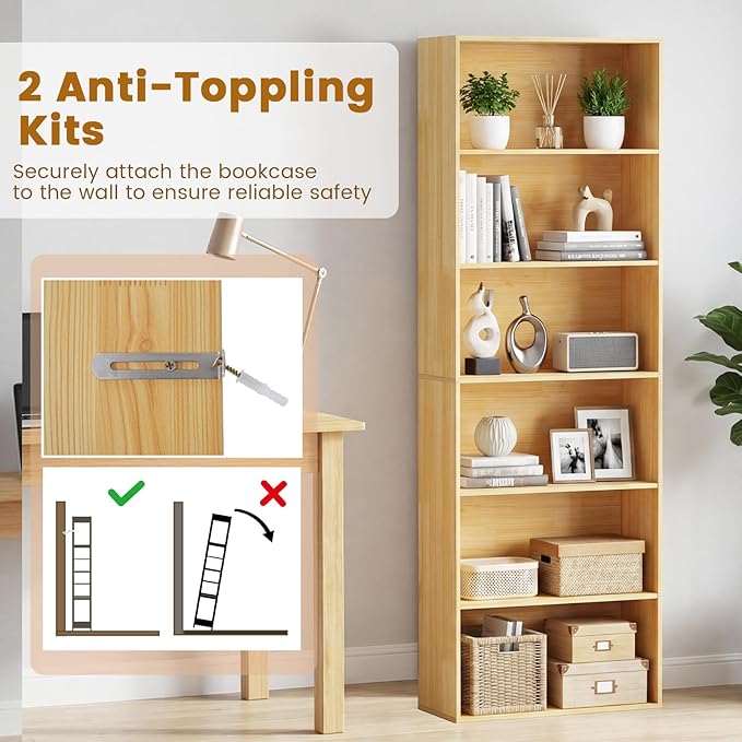Tangkula 6-Tier Bookcase, 70” Tall Freestanding Bookshelf with 6 Open Shelves, Anti-Toppling Kits, Floor Display Storage Organizer for Living Room, Study, Kitchen, Home & Office (Burlywood, 70" H)
