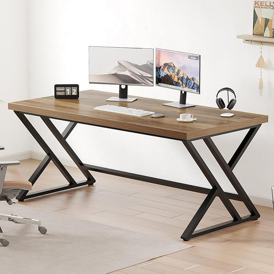 LVB Long Computer Desk, Big Industrial Home Office Desk, Large Metal Wood Writing Study Computer Table for Bedroom, Modern Executive Simple Gaming Work Desk for Student, Rustic Oak, 60 in