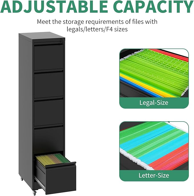 5 Drawer Mobile File Cabinet, Under Desk File Cabinet,Metal Filing Cabinets with Lock for Home Office Organizer Letter/Legal/A4,Require Assembly (Black)
