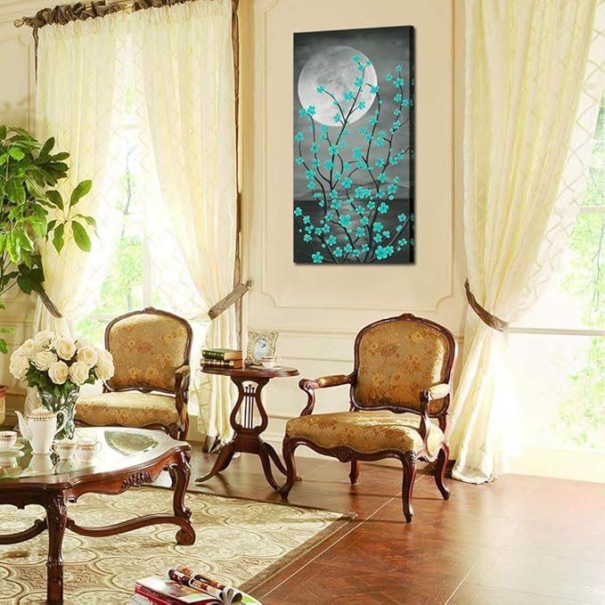 KREATIVE ARTS Large Canvas Prints Wall Art Grey and Teal Plum Blossom Tree and Full Moon Vertical Contemporary Painting for Living Room Decorations 20x40inch
