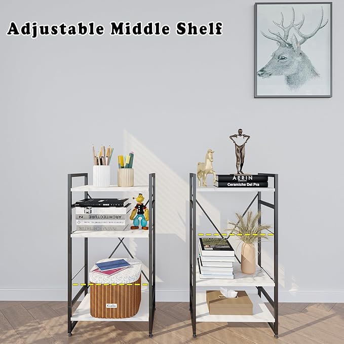 Bookshelf Organizer,3 Tiers Adjustable White Faux Marble Small Bookcase for Small Space,Industrial Wooden Storage Bookcase Display Rack and Storage Organizer for Living Room Home Office