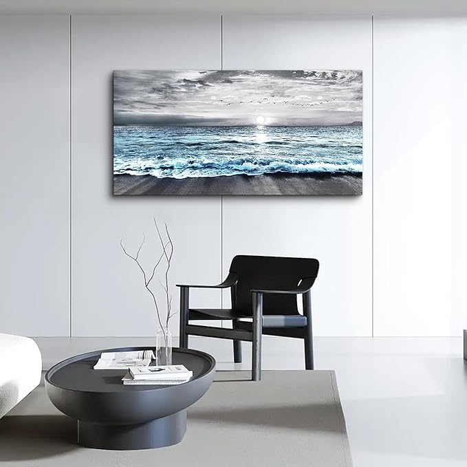 Lapremoly Large Canvas Wall Art - Black And White Beach Wall Painting, Blue Ocean Sea Wave Pictures, Stretched and Framed Modern Artwork For Living Room, Bedroom, Office Wall Decor