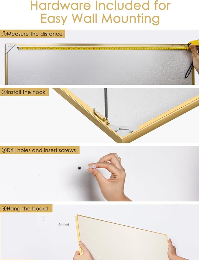 Bulletin Board 40 x 30 inches, Oatmeal White Pin Board, Golden Aluminum Framed Fabric Cork Board with 10 Push Pins